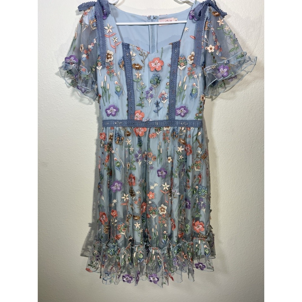 Ivy City Co Jayne Dress Blue Bell Whimsical Mesh Size 6 Embroidered Floral